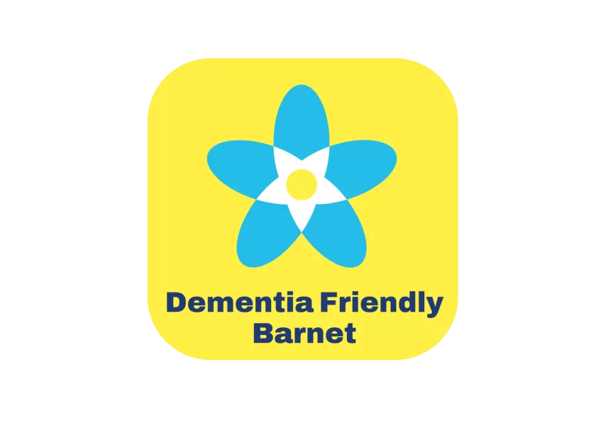 blue, white and yellow forge me not flower in yellow square background, with black writing underneath 'Dementia Friendly Barnet'