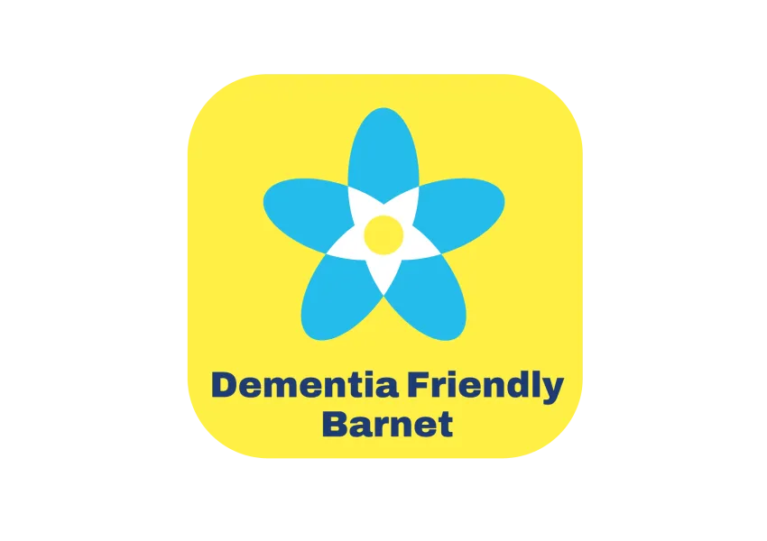 blue, white and yellow forge me not flower in yellow square background, with black writing underneath 'Dementia Friendly Barnet'