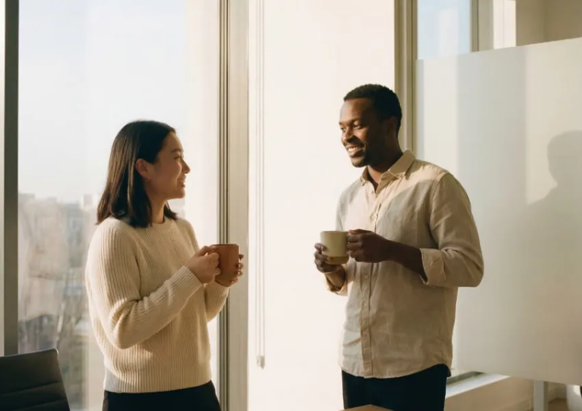 Two people, each holding a mug, talking and smiling.
