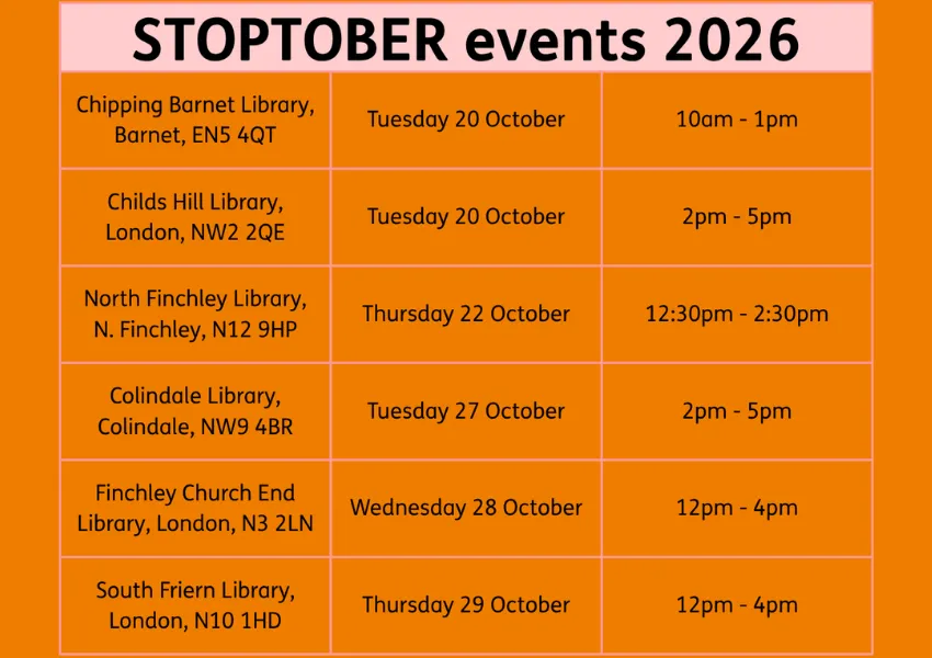 Calendar of Stoptober events in Barnet