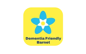 blue, white and yellow forge me not flower in yellow square background, with black writing underneath 'Dementia Friendly Barnet'
